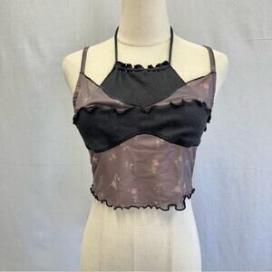 Urban Outfitters Layered Cropped Cami Mesh Floral Print Ribbed Panel Size Medium